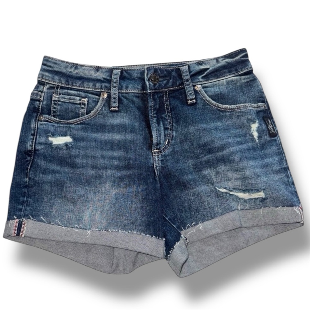NWT Size 24 x 4 Silver Jeans Co. Suki Mid Rise Curvy Distressed Denim Shorts